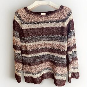 Chico’s Cozy Striped 3/4 Sleeves Multicolor Soft Fall Brown  Sequins Sweater 0